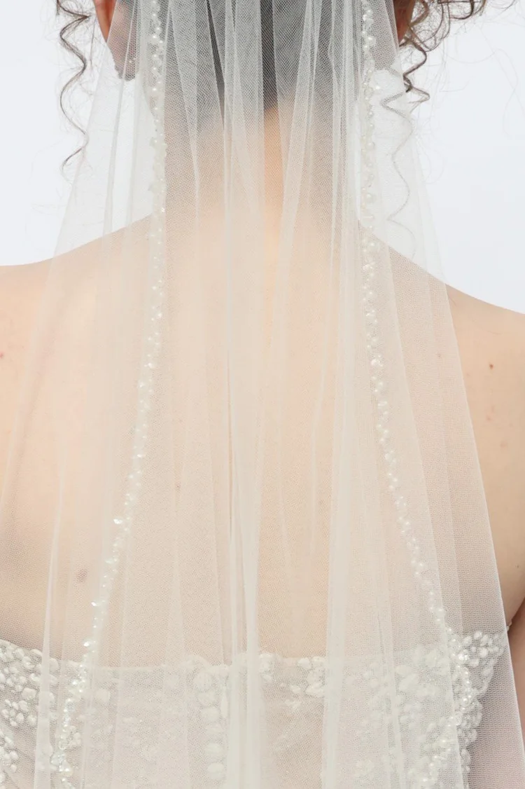 Tahiti pearl trimmed veil by Justine M Couture — Justine M Couture
